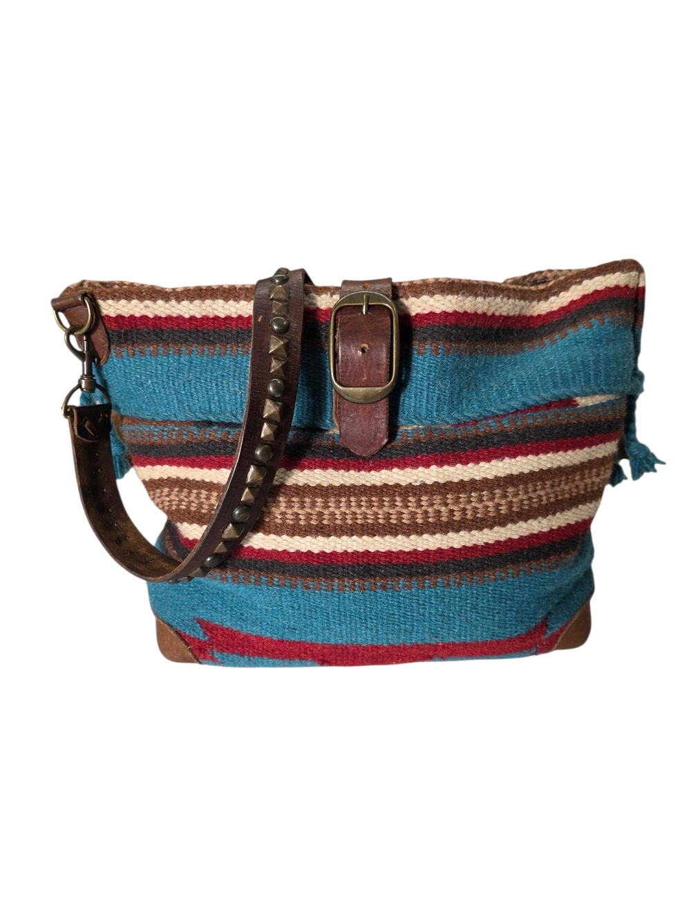 McFadin Stacy & Laurie Handmade Woven Crossbody Bag with Studded Leather Strap